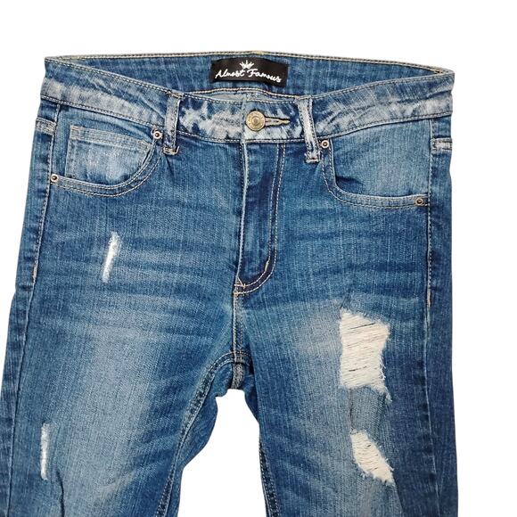 Almost Famous Distressed Skinny Jeans Size 5 Blue Stretchy 5 Pockets - Picture 2 of 6